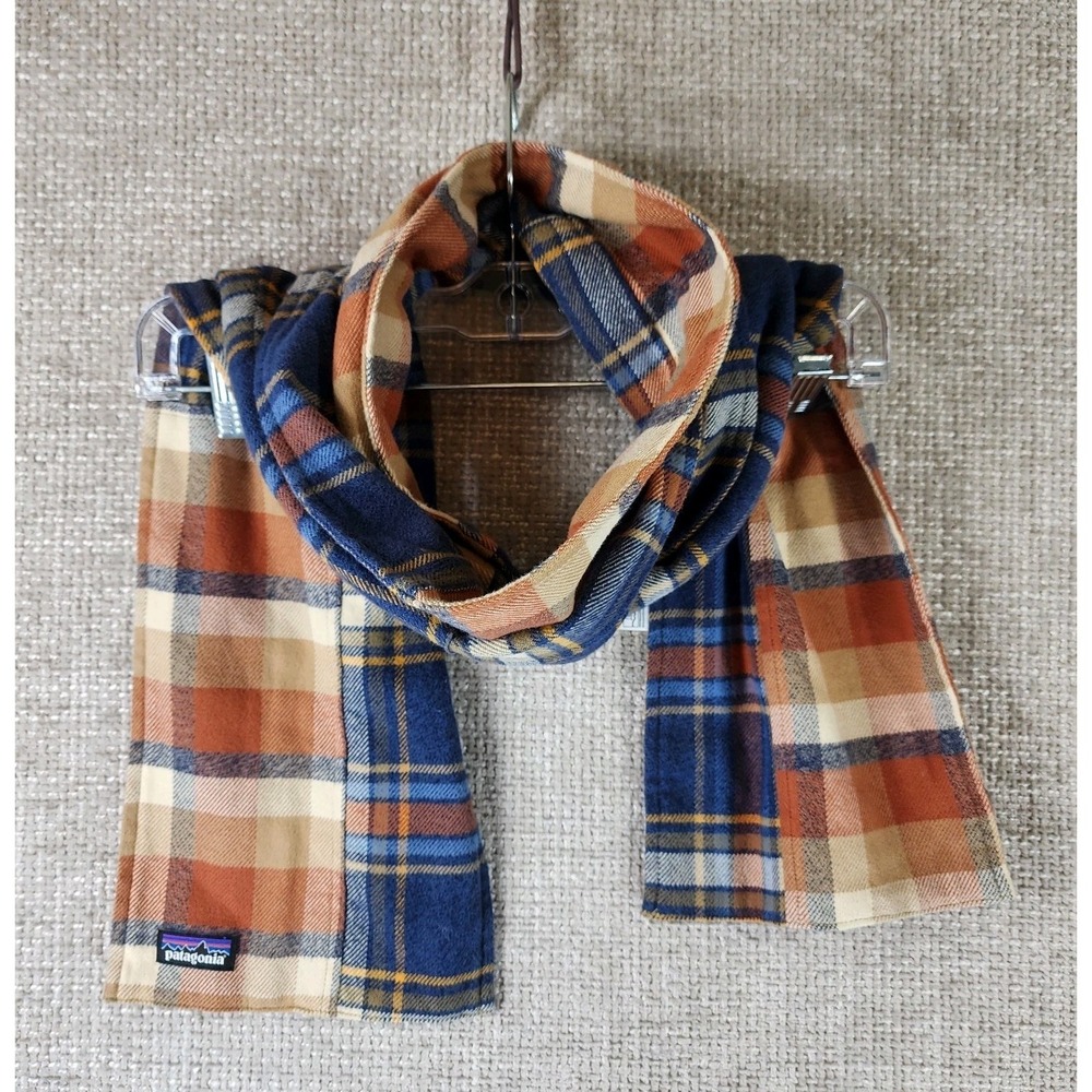 Patagonia Fjord Flannel‎ Patchwork Scarf Blue Orange Tan Plaid Wrap Soft Preppy